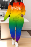 Pink Ombre Print O Neck Long Sleeve Sweatshirt And Skinny Pants Sportwear Casual Two Pieces Matching Sweatsuit Set