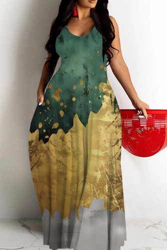 Grey Graphics Print Backless Spaghetti Strap Floor Length Vacation Baggy Sundress Slip Maxi Dress
