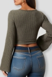 Green Casual U Neck Long Sleeve Knitted Crop Sweater Tops