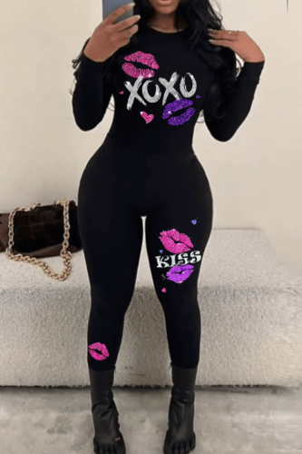 Black Casual Lips Letter Print O Neck Long Sleeve Plus Size Skinny Jumpsuits One Piece Bodysuit