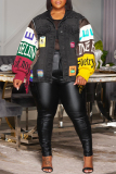 Black Turndown Collar Long Sleeve with Embroidery Patchwork Button-Down Fall Winter Denim Jacket