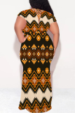 Apricot Casual Boho National Totem Print Short Sleeve V Neck Lace Up Plus Size Loose Vacation Maxi Dresses
