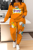 Dark Green Cartoon Print O Neck Long Sleeve Sweatshirt And Skinny Pants Sportwear Casual Two Pieces Matching Sweatsuit Set