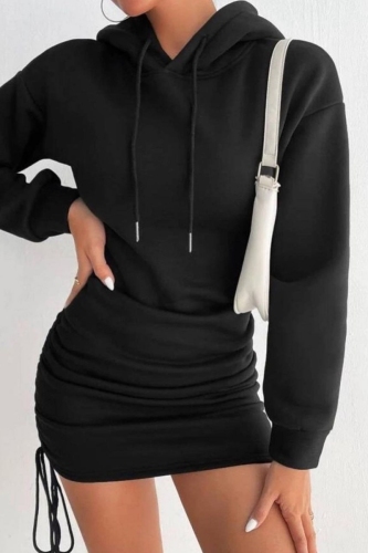 Grey Casual Long Sleeve Ruched Hooded Sweatshirt Mini Dresses