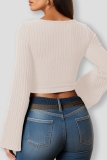 Green Casual U Neck Long Sleeve Knitted Crop Sweater Tops