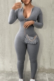Grey Casual Zipper Collar Long Sleeve Skinny Jumpsuits One Piece Bodysuit