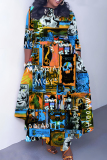 Navy Blue Casual Graphics Print O Neck 3/4 Sleeve Belted Pockets Long Vacation Pleated Maxi Dresses