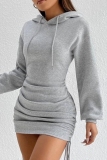 Grey Casual Long Sleeve Ruched Hooded Sweatshirt Mini Dresses