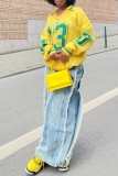 Blue High Waist Fringe Trim Casual Outing Wide Leg Denim Jeans