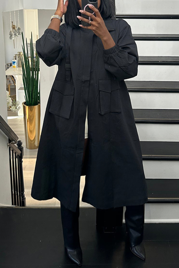 Black Mandarin Collar Long Sleeve Pocket Casual Workwear Windbreaker Longline Coats
