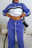 Blue Stripe Zipper Collar Long Sleeve Crop Jackets And Sweatpants Casual Sportwear Two Pieces Jogger Sets
