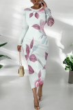 White Purple Floral Print O Neck Long Sleeve Long Casual Outing Bodycon Maxi Dress