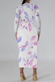 White Purple Floral Print O Neck Long Sleeve Long Casual Outing Bodycon Maxi Dress
