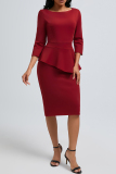 Claret Zipper O Neck 3/4 Sleeve Slit Formal Office Lady Evening Party Prom Wedding Guest Midi Dresses