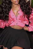 Pink Textured V Neck with Buttons Long Sleeve Crop Knitted Sweater Tops