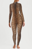 Leopard Print Zipper Long Sleeve Turtleneck Casual Skinny Jumpsuits One Piece Bodysuit