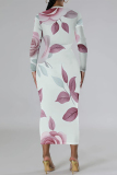 White Purple Floral Print O Neck Long Sleeve Long Casual Outing Bodycon Maxi Dress