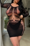 Black Lace Hollow Out See-Through Long Sleeve Lingerie One Piece Bodysuit