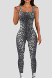 Grey Casual Leopard Snakeskin Print Sleeveless Backless U Neck Skinny Jumpsuits One Piece Bodysuit