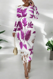 White Purple Floral Print O Neck Long Sleeve Long Casual Outing Bodycon Maxi Dress
