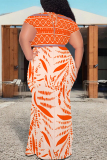 Khaki Gradient Geometric Print V Neck Short Sleeve Lace Up Plus Size Bodycon Maxi Dresses