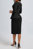 Claret Zipper O Neck 3/4 Sleeve Slit Formal Office Lady Evening Party Prom Wedding Guest Midi Dresses