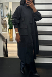 Black Mandarin Collar Long Sleeve Pocket Casual Workwear Windbreaker Longline Coats