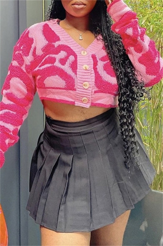 Pink Textured V Neck with Buttons Long Sleeve Crop Knitted Sweater Tops