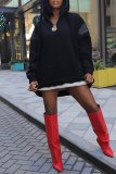 Apricot Fleece-lined Hooded Long Sleeve Casual Sweatshirt Mini Dresses