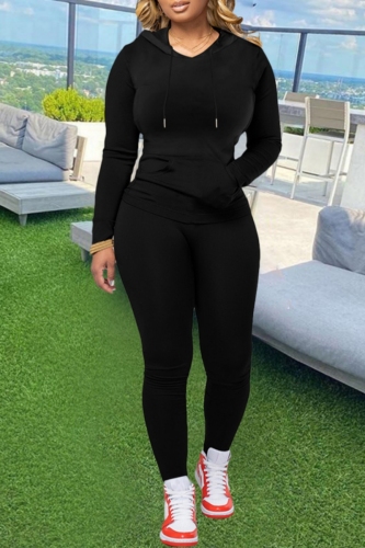 Black Long Sleeve Hooded Sweatshirt and Skinny Pants Sportwear Casual Two Pieces Jogger Sets