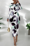 White Purple Floral Print O Neck Long Sleeve Long Casual Outing Bodycon Maxi Dress