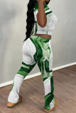 White Green Casual Ombre Print O Neck Short Sleeve Crop T-shirt And Skinny Pants Two Pieces Trouser Sets