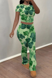 White Green Casual Ombre Print O Neck Short Sleeve Crop T-shirt And Skinny Pants Two Pieces Trouser Sets