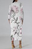 White Purple Floral Print O Neck Long Sleeve Long Casual Outing Bodycon Maxi Dress