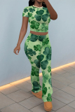 White Green Casual Ombre Print O Neck Short Sleeve Crop T-shirt And Skinny Pants Two Pieces Trouser Sets