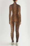 Leopard Print Zipper Long Sleeve Turtleneck Casual Skinny Jumpsuits One Piece Bodysuit