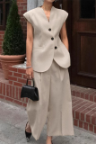 Khaki V Neck Short Sleeve Buttons Blazer Vest And Pocket Wide Leg Pants Formal Office Lady Casual Two Pieces Suit Sets
