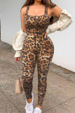 Grey Casual Leopard Snakeskin Print Sleeveless Backless U Neck Skinny Jumpsuits One Piece Bodysuit