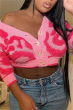 Pink Textured V Neck with Buttons Long Sleeve Crop Knitted Sweater Tops