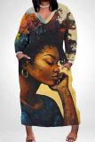 Red African Figure Print V Neck Long Sleeve Pocket Casual Outing Plus Size Baggy Straight Maxi Dress