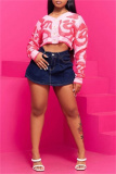 Pink Textured V Neck with Buttons Long Sleeve Crop Knitted Sweater Tops