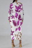 White Purple Floral Print O Neck Long Sleeve Long Casual Outing Bodycon Maxi Dress
