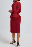 Claret Zipper O Neck 3/4 Sleeve Slit Formal Office Lady Evening Party Prom Wedding Guest Midi Dresses