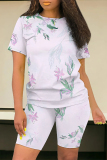 Rose Red Casual Floral Stripe Print O Neck Short Sleeve T-shirt And Shorts Two Pieces Shorts Sets