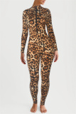 Leopard Print Zipper Long Sleeve Turtleneck Casual Skinny Jumpsuits One Piece Bodysuit