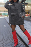 Gray Black Hooded Long Sleeve Pocket Loose Casual Denim Jacket