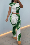 White Green Casual Ombre Print O Neck Short Sleeve Crop T-shirt And Skinny Pants Two Pieces Trouser Sets