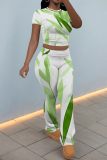 White Green Casual Ombre Print O Neck Short Sleeve Crop T-shirt And Skinny Pants Two Pieces Trouser Sets