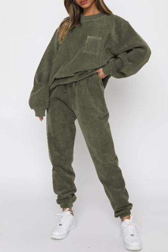 Army Green O Neck Long Sleeve Sweatshirt And Pocket Skinny Pants Sportwear Two Pieces Sweatsuit Sets