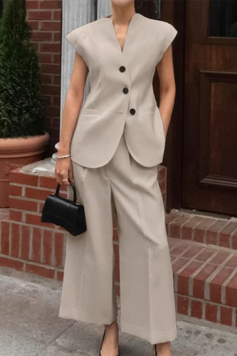 Khaki V Neck Short Sleeve Buttons Blazer Vest And Pocket Wide Leg Pants Formal Office Lady Casual Two Pieces Suit Sets